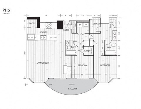 Floor plan for 2 beds, 2 baths, 1489 sqft